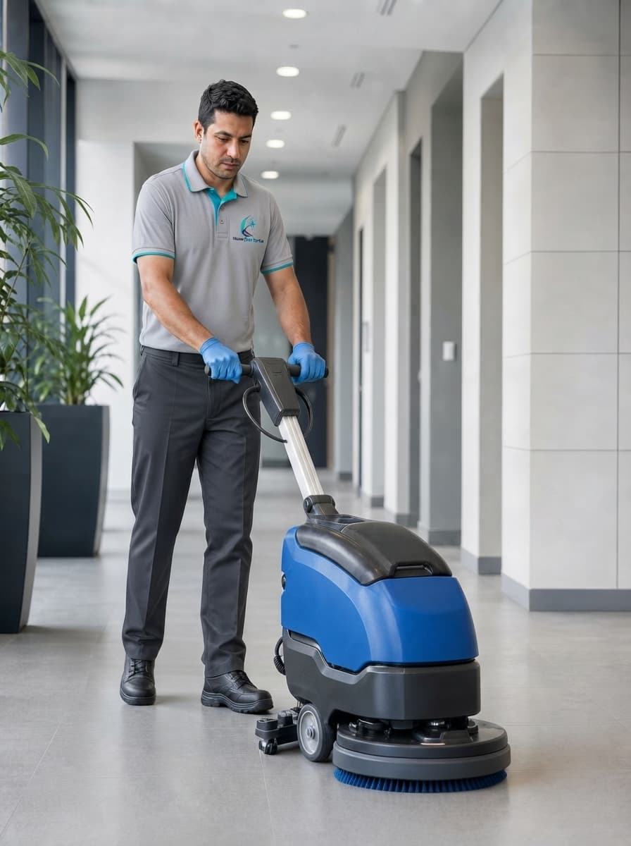 Professionelle Bodenreinigung mit Reinigungsmaschine in einem modernen Gewerbeobjekt