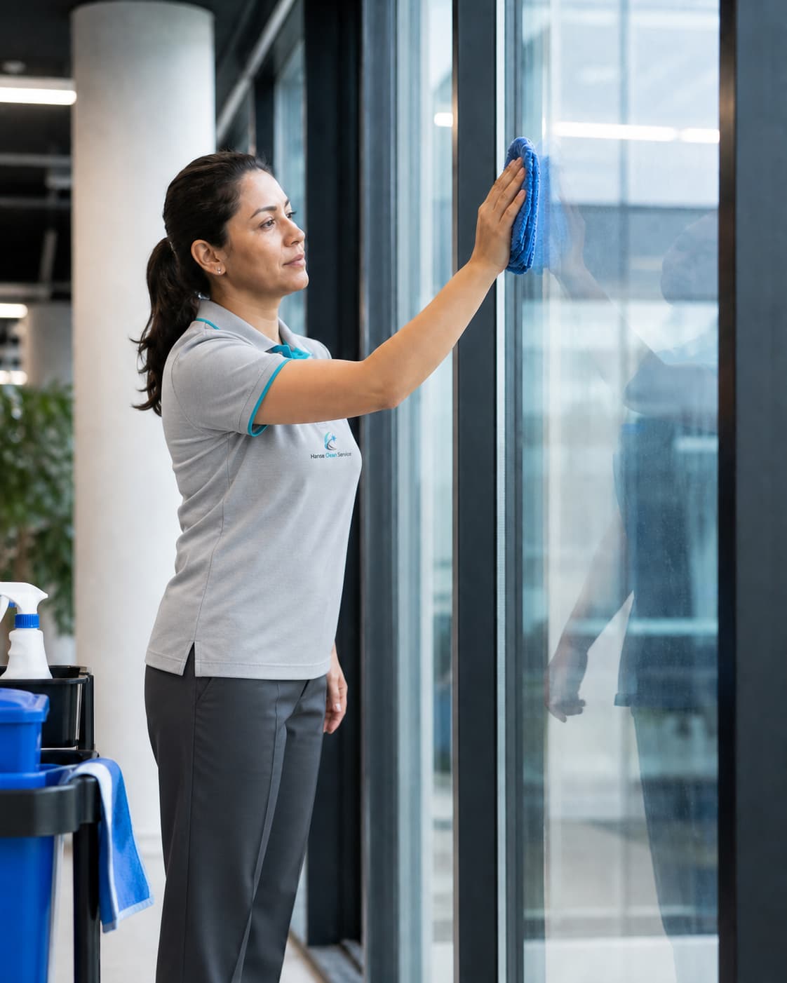 Professionelle Reinigungskraft in blauer Arbeitskleidung bei der Fensterreinigung in einem modernen Gewerbeobjekt