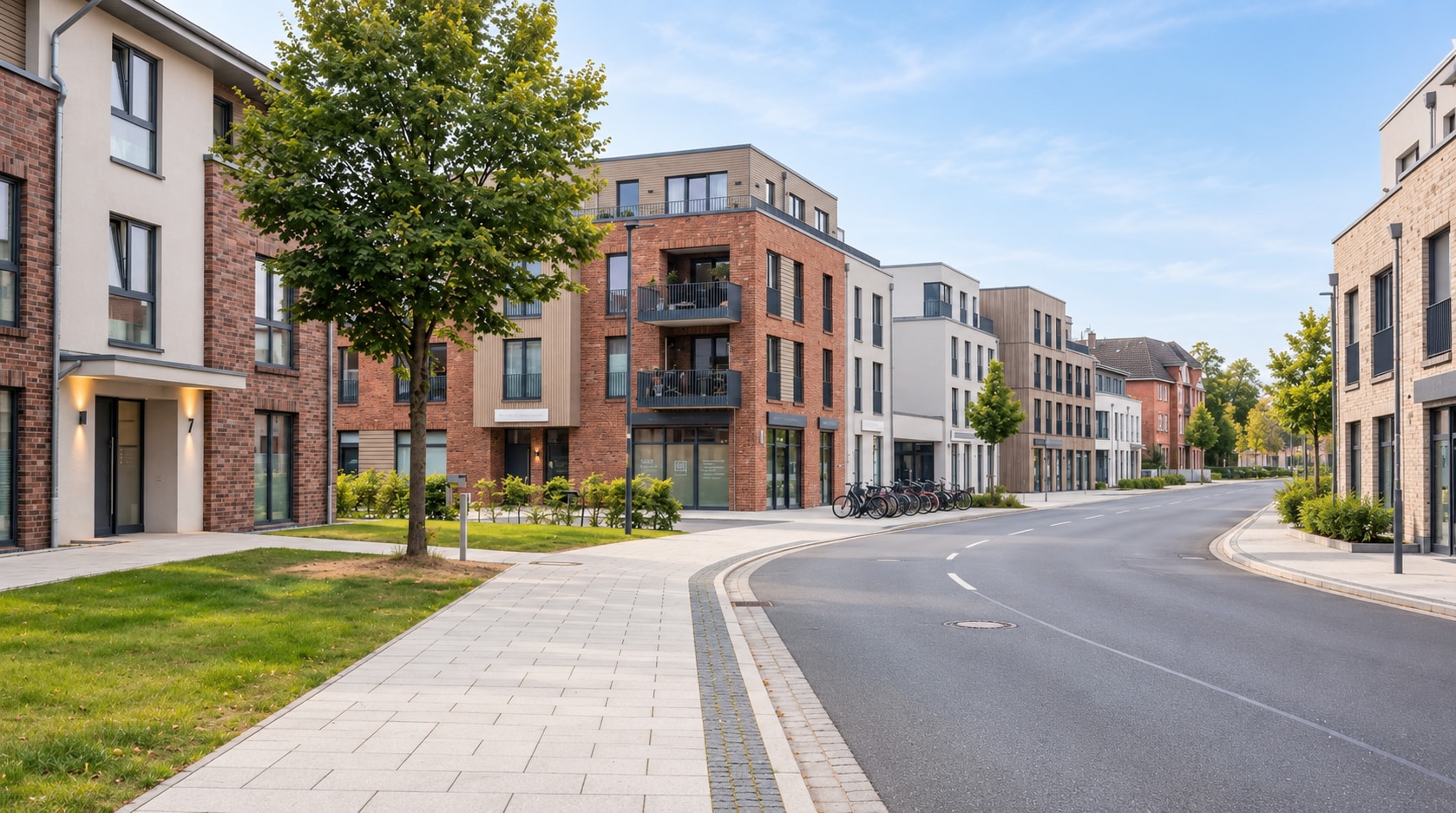 Ruhige Straßenansicht mit modernen Wohn- und Geschäftsgebäuden im Einsatzgebiet von Hanse Clean Service