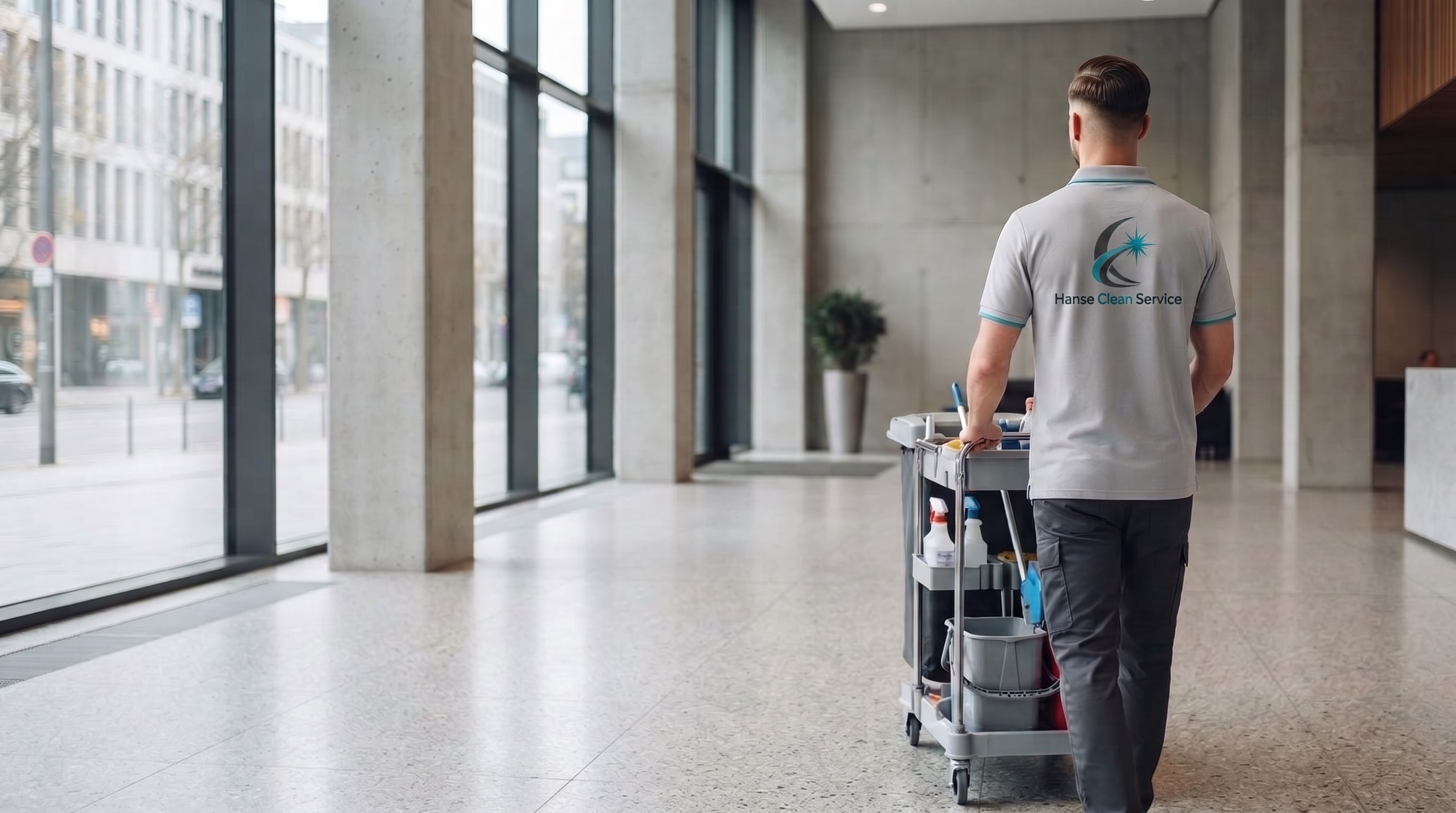 Mitarbeiter von Hanse Clean Service mit Reinigungswagen auf dem Weg durch eine helle Gebäudelobby
