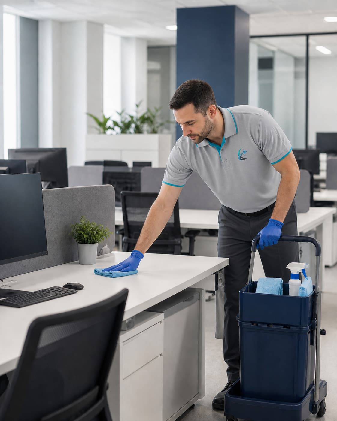 Reinigungskraft bei der Pflege eines Arbeitsplatzes in einem modernen Büro